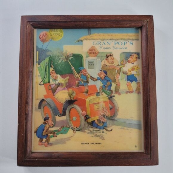 Framed Monkey Cartoon Gran Pops Super Service Unlimited Center Apes Mechanic - Picture 1 of 11